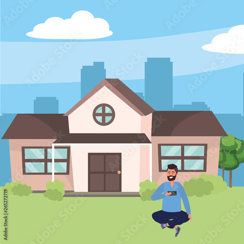 Millenial in house front porch background