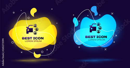 Black Car sharing with group of people icon isolated. Carsharing sign. Transport renting service concept. Set of liquid color abstract geometric shapes. Vector Illustration