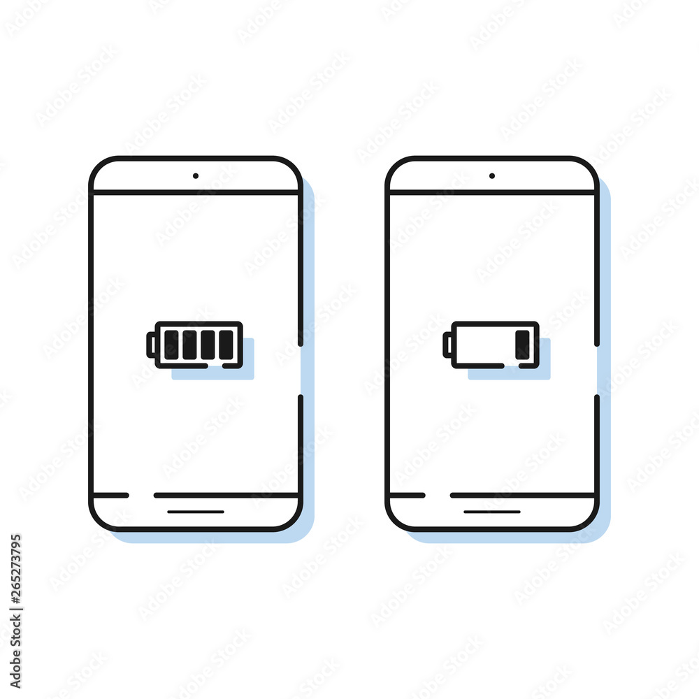 Smartphone icon in simple line style. Outline cell phone vector. Mobile battery charge level indicator. Smartphone icon in simple line style. Outline cell phone vector. Mobile battery charge level indicator.