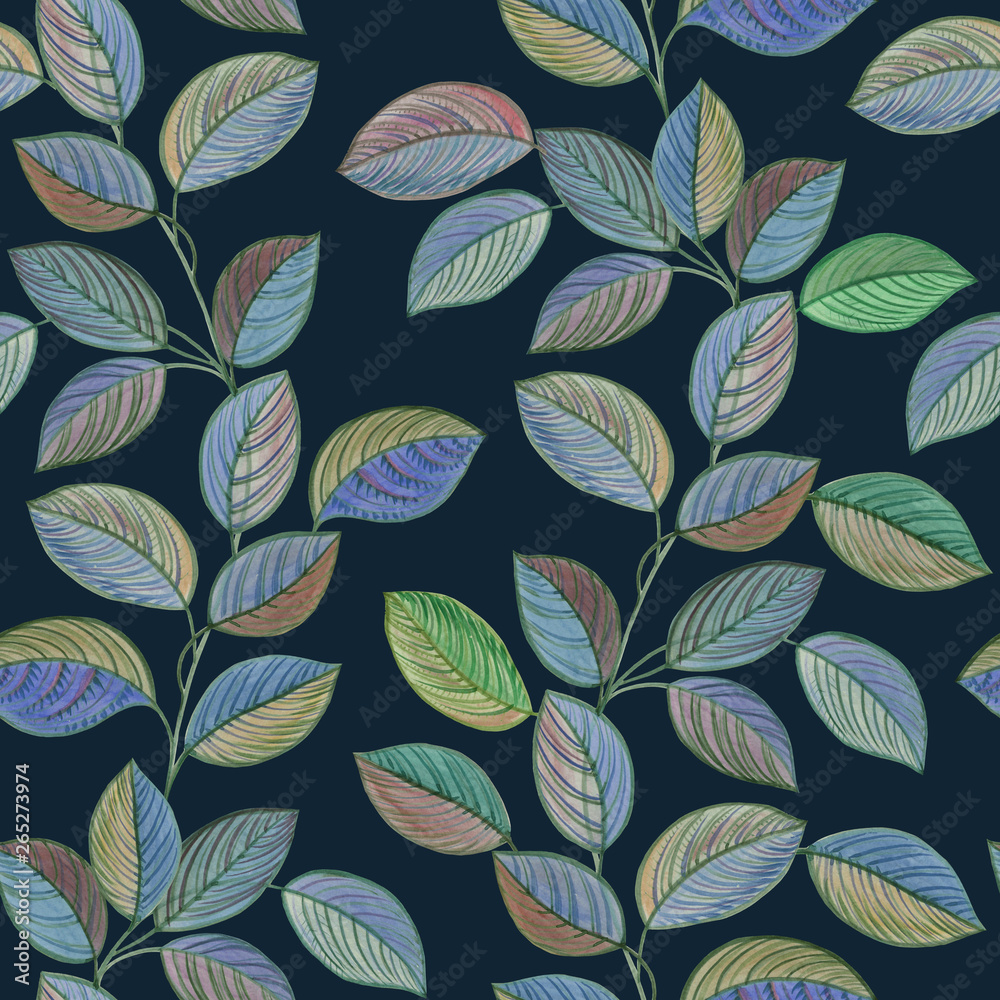 Obraz premium Seamless watercolor leaves. Hand painted leaves of different colors on a white background. Leaves for design.