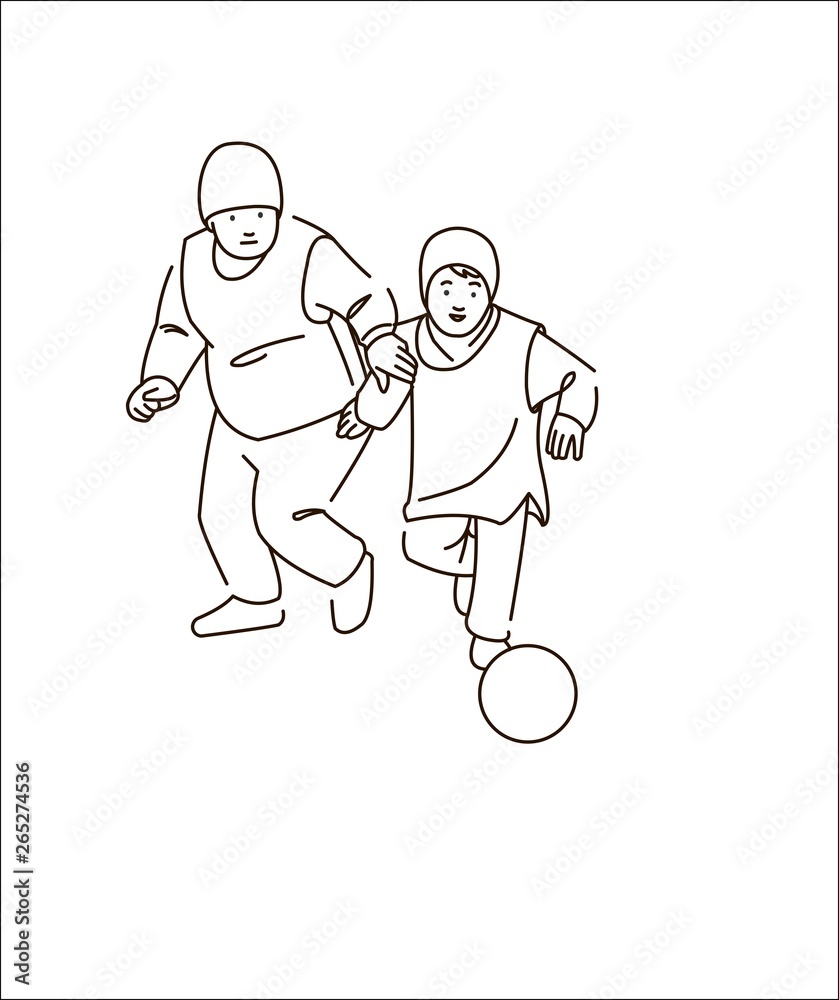Children are playing football. The boys are kicking the ball. Outline.
