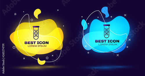Black DNA research, search icon isolated. Genetic engineering, genetics testing, cloning, paternity testing. Set of liquid color abstract geometric shapes. Vector Illustration
