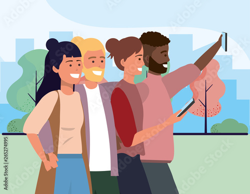Millenial diverse group taking selfie cityscape background