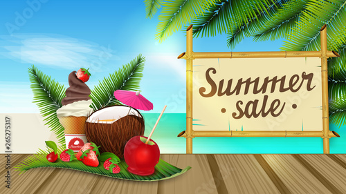 Summer sale, web banner with beautiful seascape, palm leaves, wooden pier, coconut cocktail, strawberry, raspberry, cherry and ice cream on palm leaf