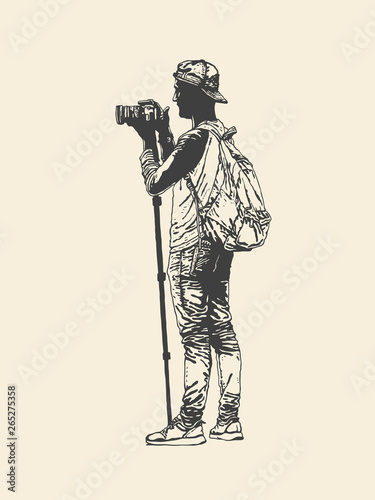Photographer with a camera on a monopod. Drawing Style. Vector illustration.