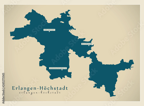 Modern Map - Erlangen-Hoechstadt county of Bavaria DE