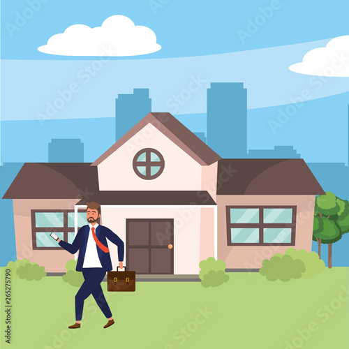 Millenial in house front porch background