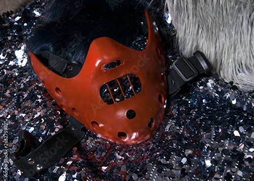 mask on shiny fabric