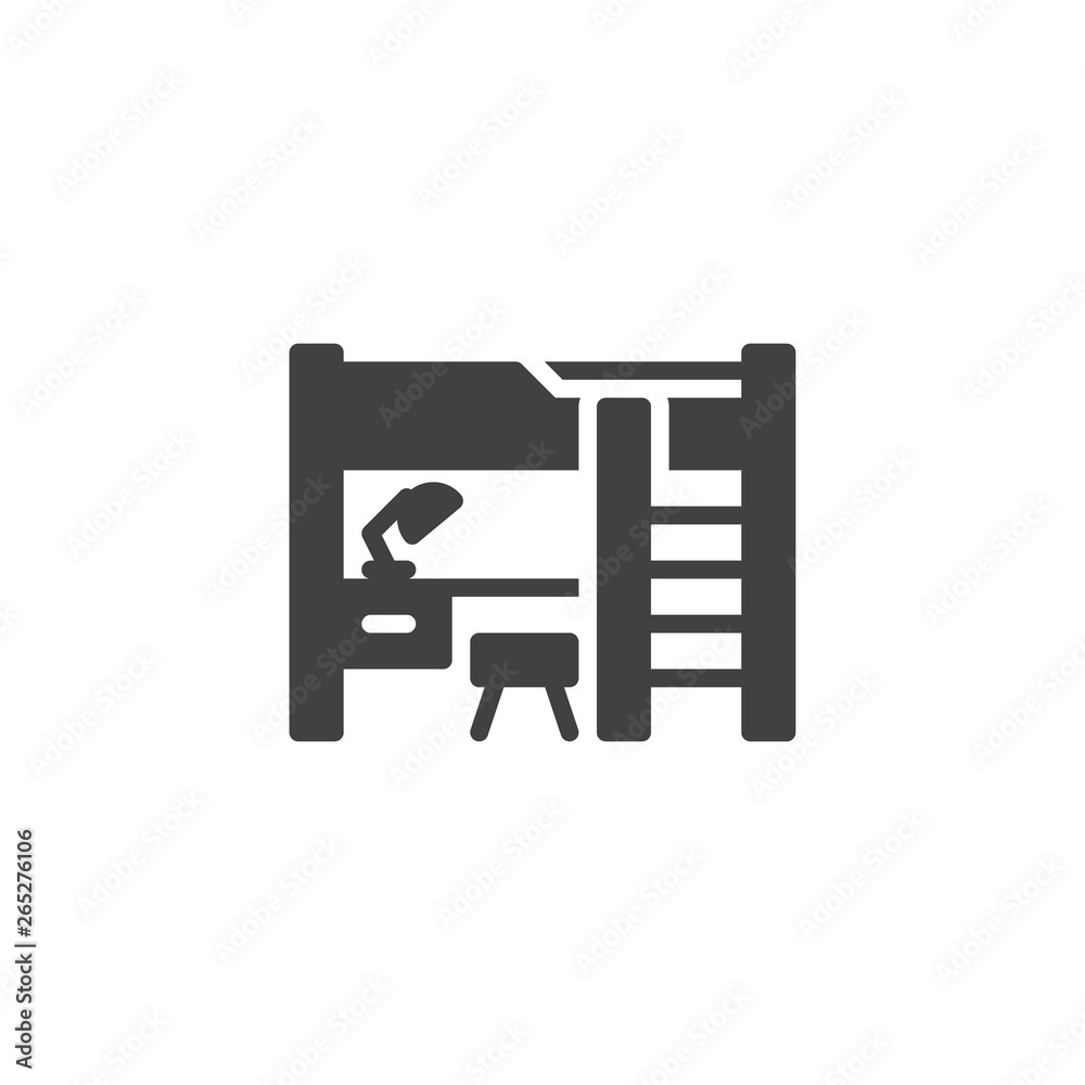 Bunk bed and desktop workspace vector icon. filled flat sign for mobile concept and web design. Modern teenager room interior glyph icon. Symbol, logo illustration. Pixel perfect vector graphics