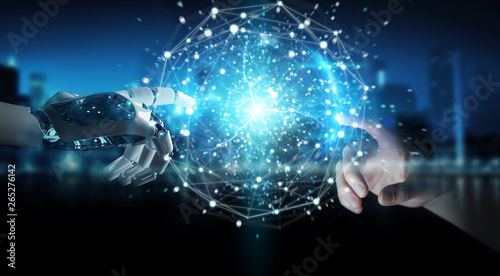 Robot hand and human hand touching digital sphere network on dark background 3D rendering