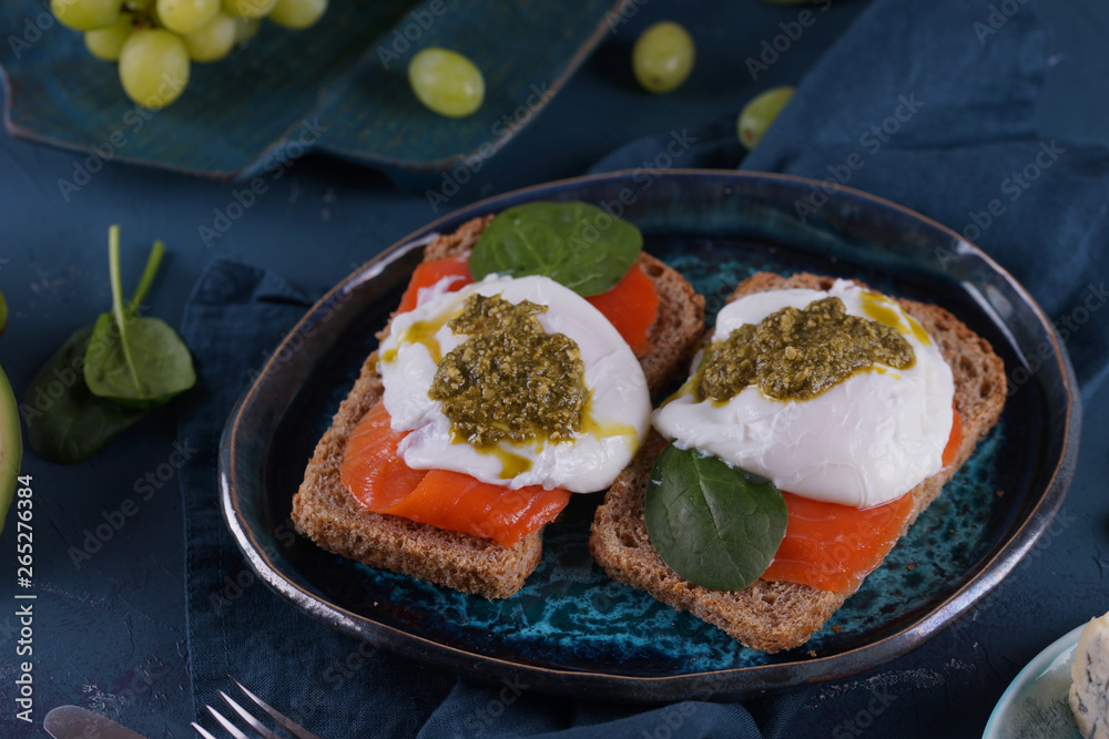 Poached Egg Sandwich, Salmon and Pesto Sauce