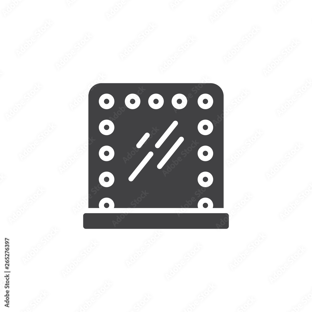 Mirror frame with lamps vector icon. filled flat sign for mobile concept and web design. Makeup mirror with electric bulbs glyph icon. Symbol, logo illustration. Pixel perfect vector graphics Mirror frame with lamps vector icon. filled flat sign for mobile concept and web design. Makeup mirror with electric bulbs glyph icon. Symbol, logo illustration. Pixel perfect vector graphics