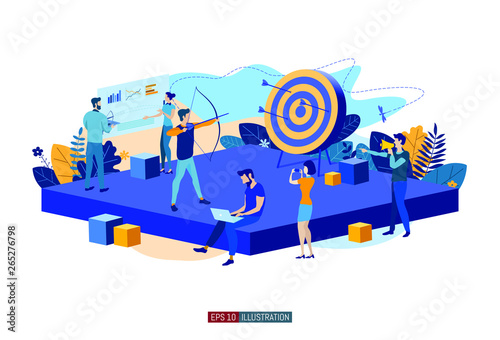 Trendy flat illustration. The team is working on achieving the goal together. Template for your design works. Vector graphics.