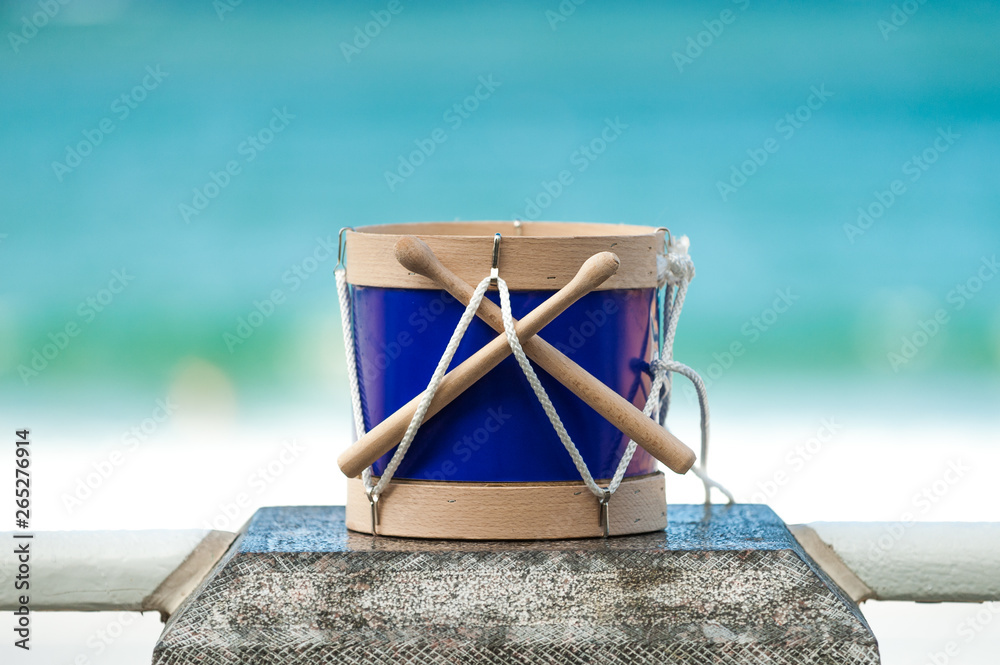 Naklejka premium Blue toy drum - symbol of tamborrada festivity in San Sebastian - Donostia, SPain