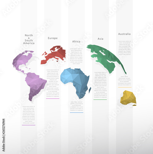 Infographic vector background of 5 polygonal conticnents with vertical stripes for your own comments.