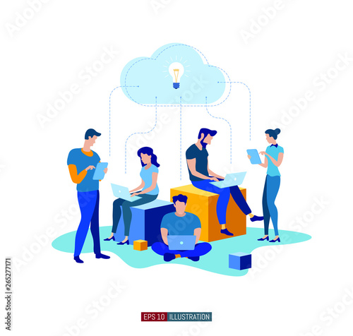 Trendy flat illustration. Cooperation of people who implement the joint idea. Illustration of the idea birth process. Template for your design works. Vector graphics.
