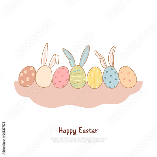 Colorful pysanka with decorative ornament and bunny ears, april holiday tradition, easter celebration banner