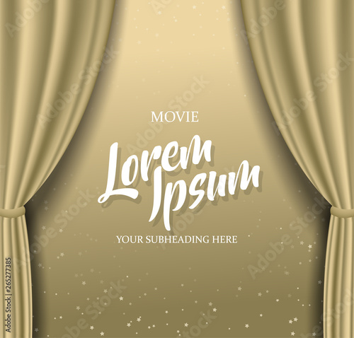 Theater stage with golden heavy curtain and golden text with stars.