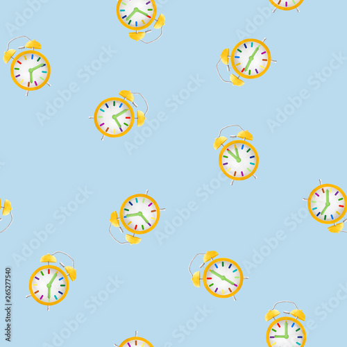 Drawn yellow retro clock alarm seamless pattern. Backdrop, wrapping design, scrapbooking graphics on white background