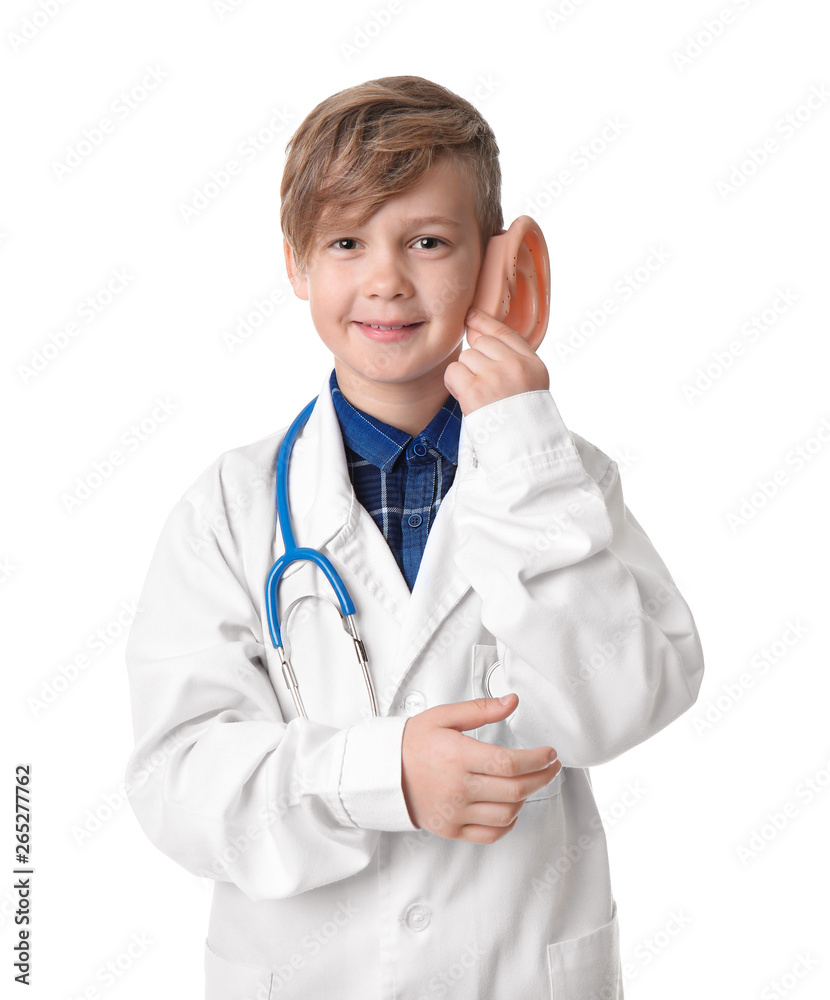 Portrait of little doctor with ear model on white background Portrait of little doctor with ear model on white background