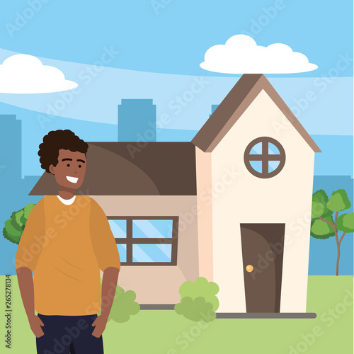 Millenial in house front porch background