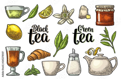 Set tea with lettering. Vector vintage engraving