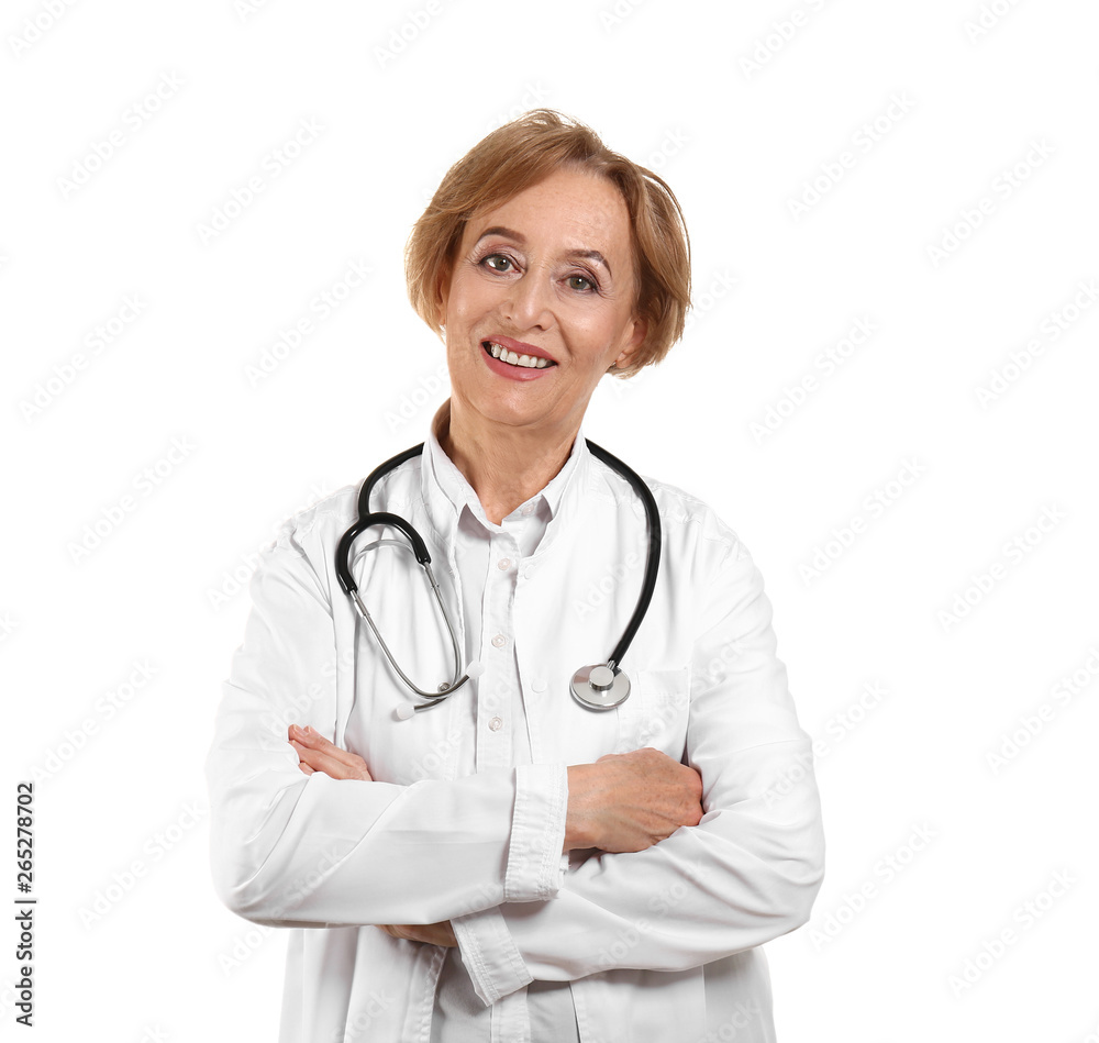 Beautiful female doctor on white background