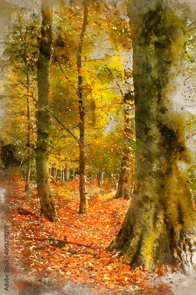 Obraz premium Watercolor painting of Stunning colorful vibrant Autumn Fall forest landscape