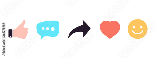 Social network rating icons: Thumbs up, with post, comment, Share, Repost, comment, heart and smile set flat icons. Social media icon. Emoji reactions. Social network signs. Vector illustration.