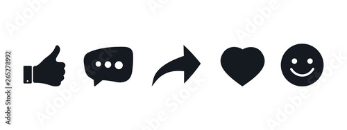 Like, Comment, Share, Repost, comment, heart and smile icons set. Social media icon. Emoji reactions. Social network signs. Vector illustration.