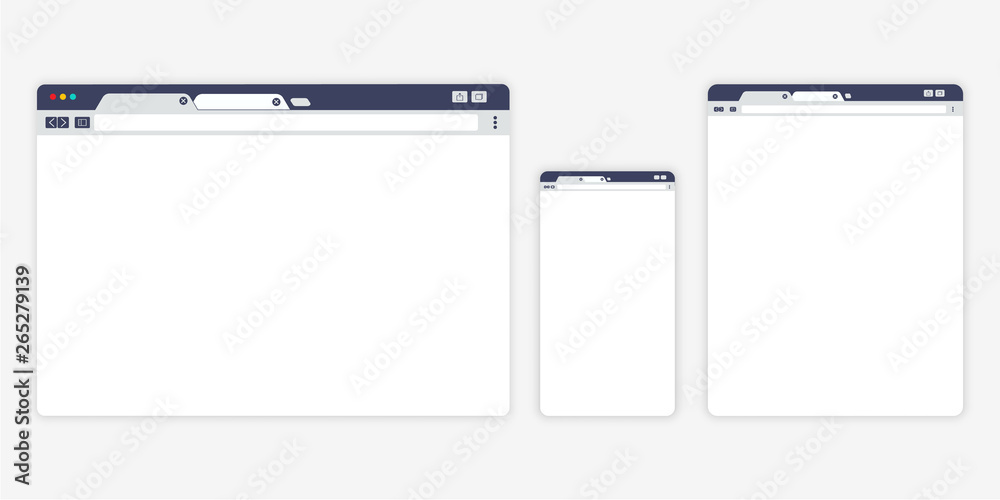 Set of Open Internet browser windows for different devices. Computer, tablet, phone sizes. Design a simple blank web page. Vector illustration for web site or mobile app Set of Open Internet browser windows for different devices. Computer, tablet, phone sizes. Design a simple blank web page. Vector illustration for web site or mobile app