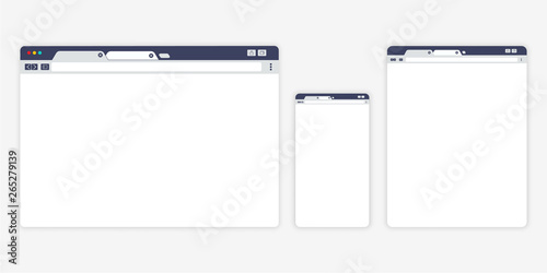 Set of Open Internet browser windows for different devices. Computer, tablet, phone sizes. Design a simple blank web page. Vector illustration for web site or mobile app