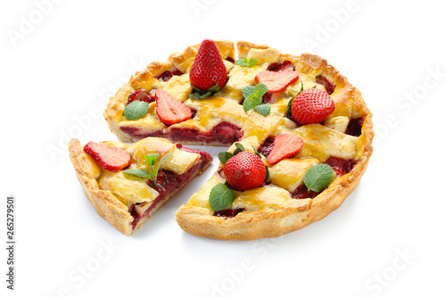 Tasty strawberry pie on white background