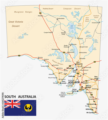 road map of the state South Australia with flag