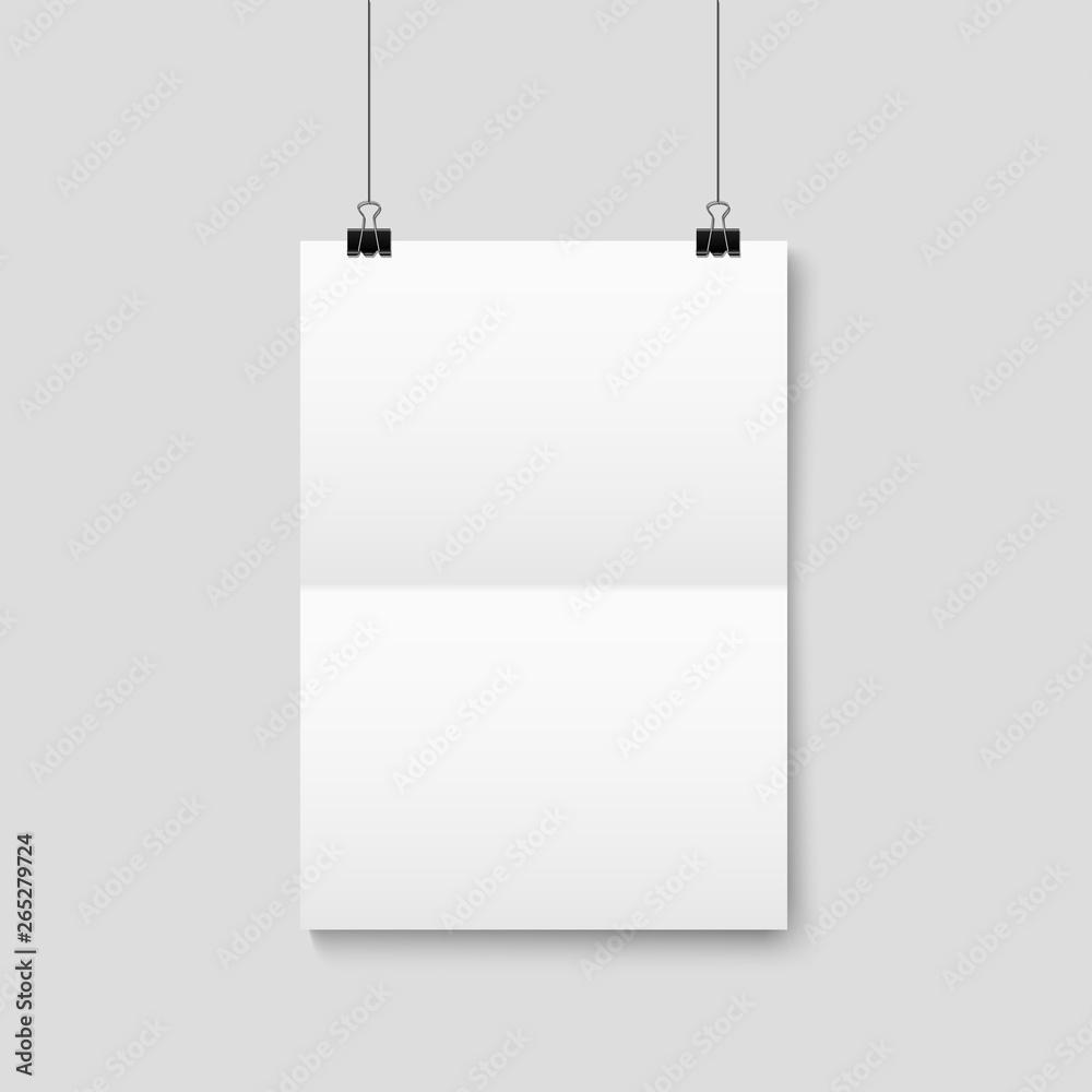 Empty A4 sized vector paper frame mockup hanging with paper clip Empty A4 sized vector paper frame mockup hanging with paper clip