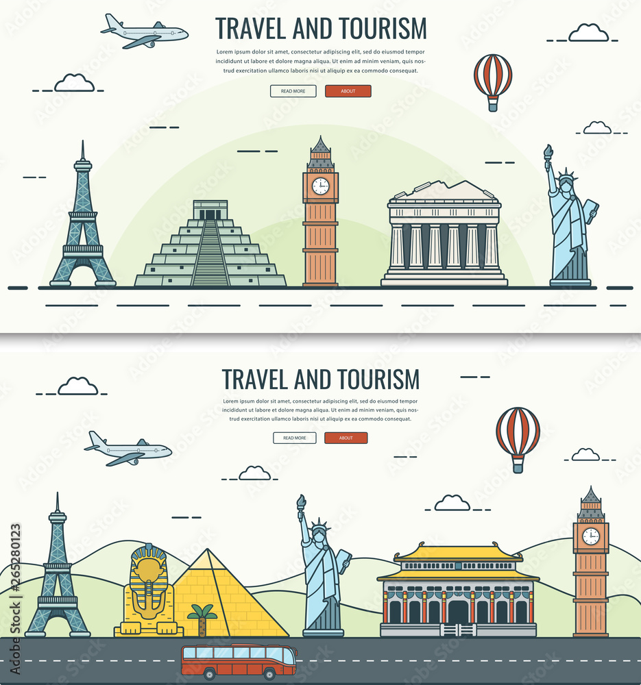 Fototapeta premium Travel composition with world landmarks and travel equipment. Travel and Tourism. Concept website template. Vector