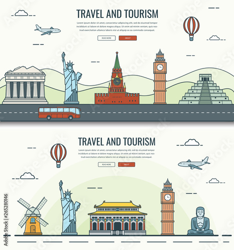 Travel composition with world landmarks and travel equipment. Travel and Tourism. Concept website template. Vector