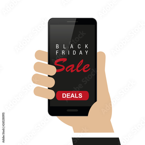 hand holds smartphone with black friday sale deals shopping concept isolated on white background vector illustration EPS10