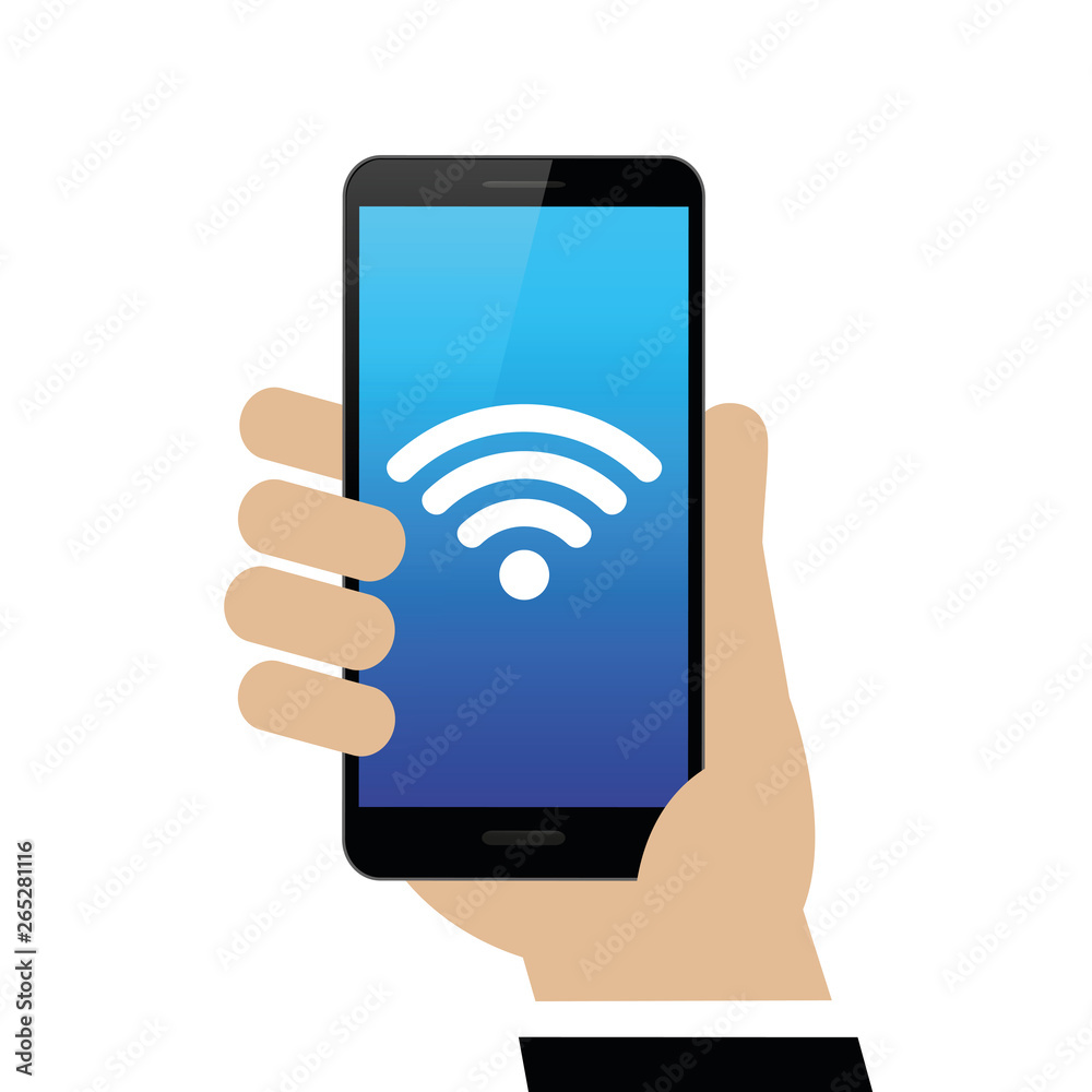 male hand is holding a black smartphone with wi-fi symbol isolated on white background vector illustration EPS10 male hand is holding a black smartphone with wi-fi symbol isolated on white background vector illustration EPS10