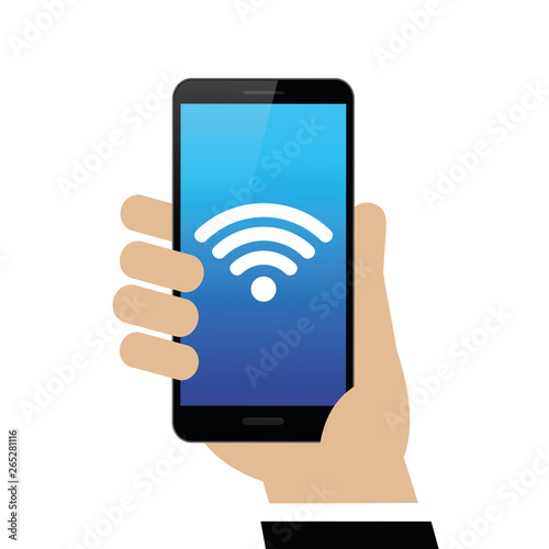 male hand is holding a black smartphone with wi-fi symbol isolated on white background vector illustration EPS10