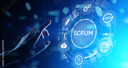 SCRUM, Agile development methodology, programming and application design technology concept on virtual screen.