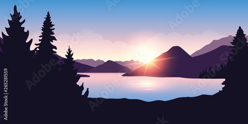 big river and forest nature landscape at sunrise in purple colors vector illustration EPS10