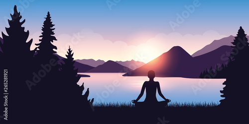 person mediating by the river in the forest at sunrise vector illustration EPS10