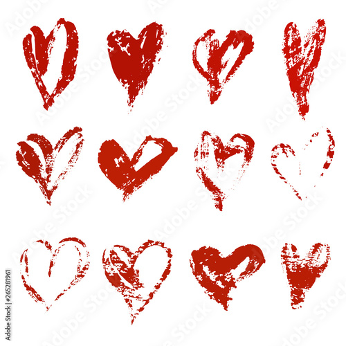 Hand drawn vector heart set with different tools like brushes, chalk, ink.