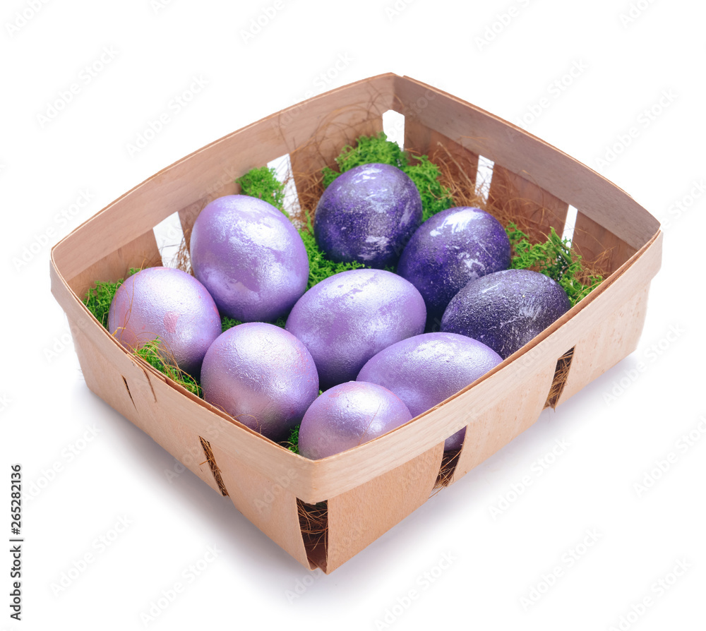 Box with beautiful Easter eggs on white background Box with beautiful Easter eggs on white background