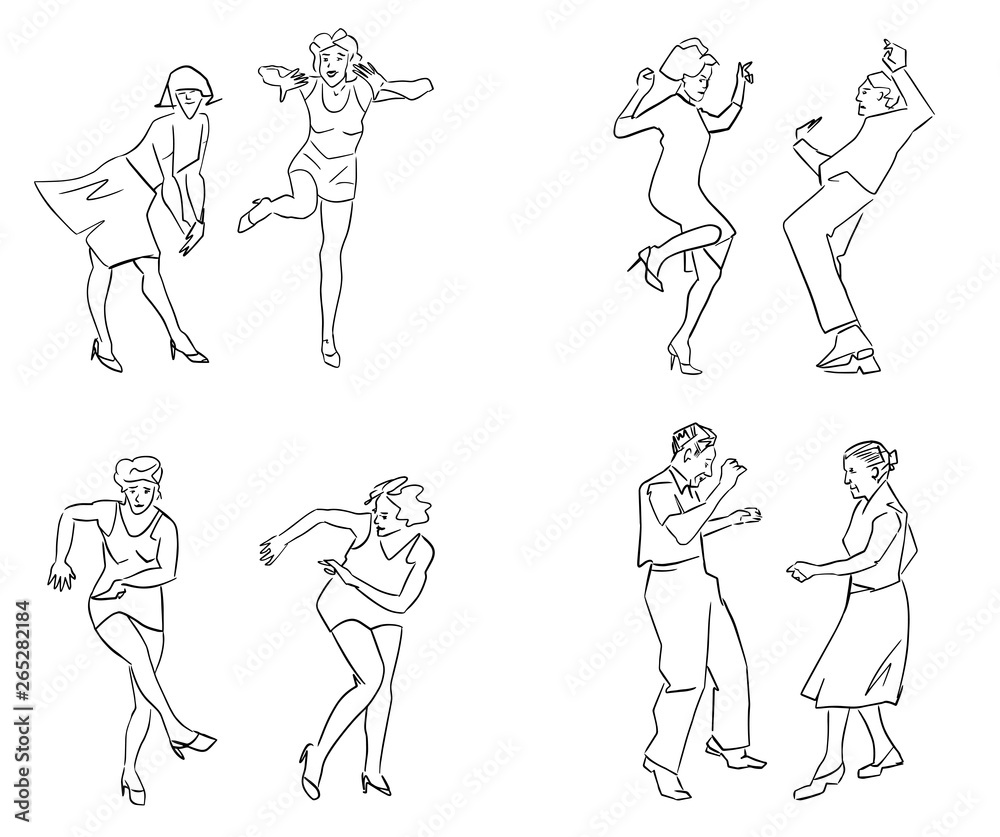 Set of dancing people. Black graphic contour. Male and female silhouette. Retro style. Hand drawn illustration. Vector sketch.