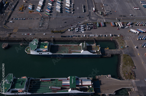 Photography Aerial view of container ships at a dock.