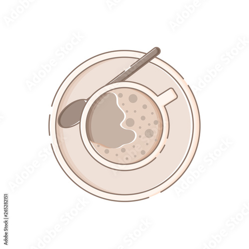 Cute isolated mug with saucer, spoon and coffee with milk. Sticker, patch, badge, pin or tattoo. White background. Flat linear style illustration. Vector.
