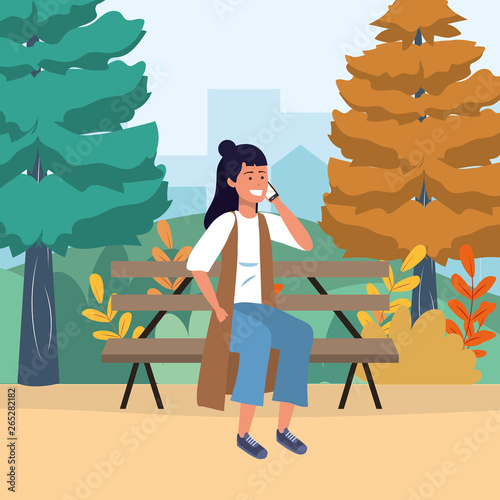 Millenial person smartphone park bench background