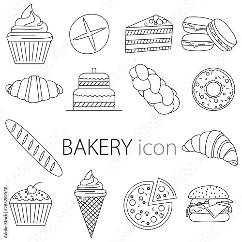 Set of construction bakery shop icons. Outline style. Thin line web icon set. Includes badges such as: cupcake, bread, cake, biscuit, croissant, baguette, pizza, horn, ice cream, burger, wicker.